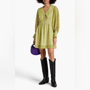 GANNI Chartreuse Checkered Long Sleeve Dress